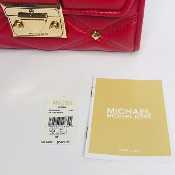 New! Michael Kors SM Flap XBody Serena Chili Quilted Stud Chain Mini Crossbody - Picture 16 of 16